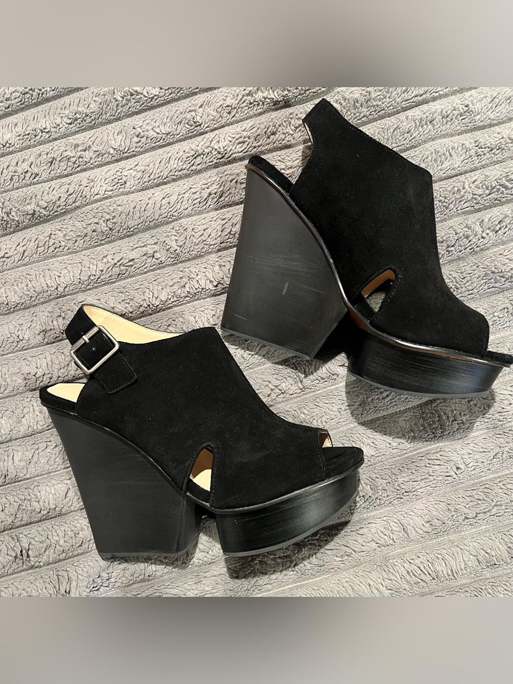 SHOEMINT ISABELA BLACK SUEDE PEEP TOE HEEL SLINGBACK PLATFORM WEDGE SHOES 9 NEW